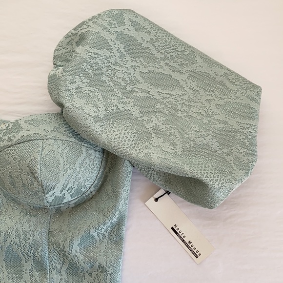 New Mint Jacquard Puff Sleeve Bodycon Mini Dress - Picture 7 of 10